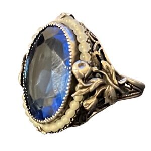 Antique Art Nouvou Sterling Silver Sapphire Crystal Pearl Beaded Floral Ring